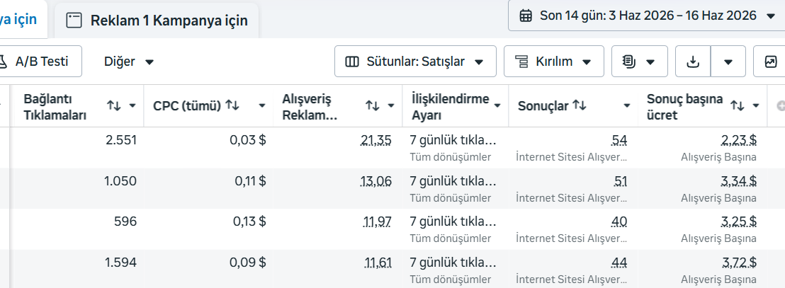 Meta Ads Yöneticisi — kampanya dönüşüm ve CPC verileri